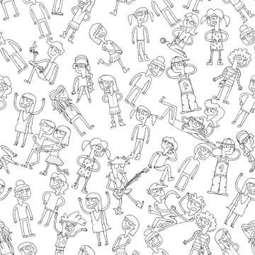 Singing children seamless pattern in black and white Stock Illustration