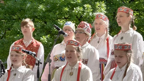 The singing choir playing music in old town days festival in Tallinn Estonia Stock Footage 110160910