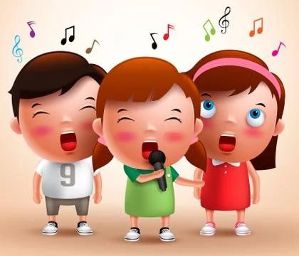 Singing kids vector characters holding microphone and performing Stock Illustration