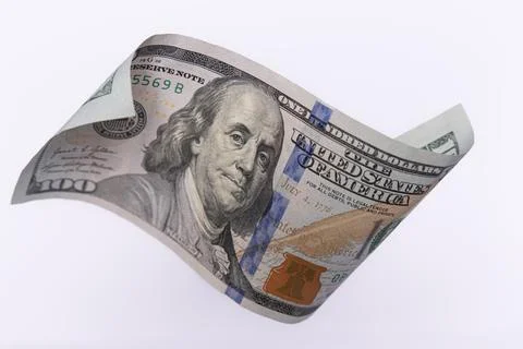 Single 100 US Dollar Bill Flying over Light Background Stock Photos