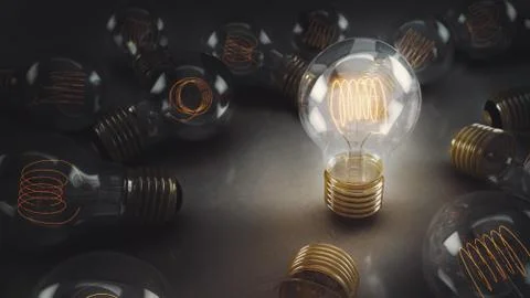 Single 3D Incandescent Light Bulb with Multiple Bulbs on a Reflective Surface Stock Illustration