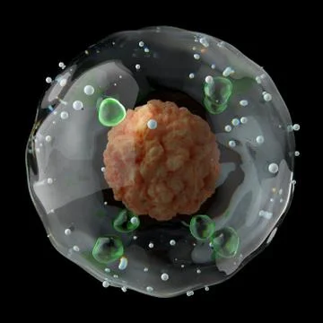 Single 3d render abstract molecule with transparent shield around main atom.  Stock-Illustration