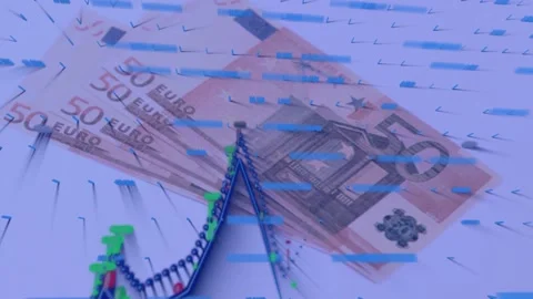 Single 50 euro note fading in, starting fanning into stack as 3D chart rising, Stock Footage 328485244