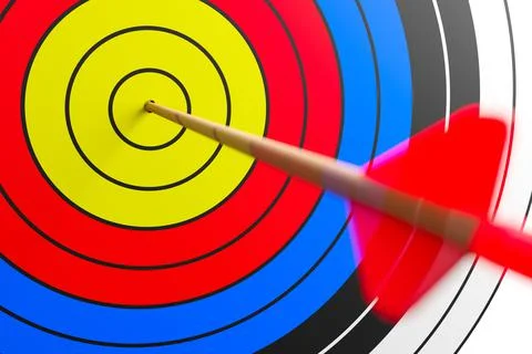 Single arrow hitting center of archery goal target over white background, suc Ilustración de archivo