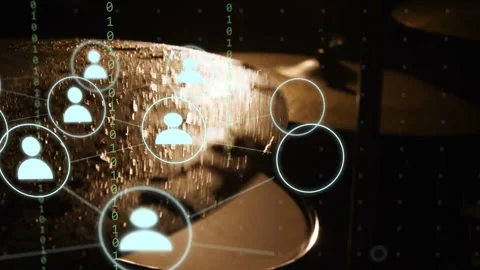 Single avatar appearing left starting linked avatars forming over wet cymbal Stock Footage 332732380