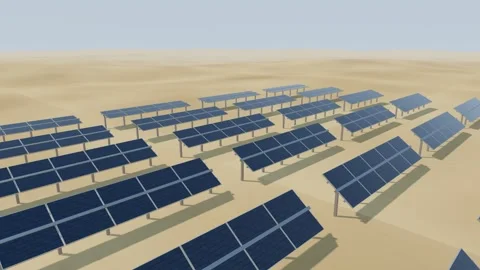 Single-axis solar tracker array rotating to follow the sun across a desert Video stock 340328996