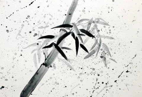 Single bamboo and raindrops Stock Illustration