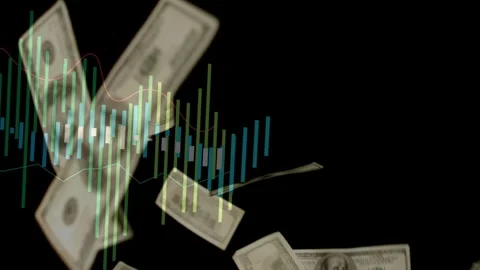 Single banknote emerging triggers banknotes fanning and chart bars growing to Stock Footage 328685959
