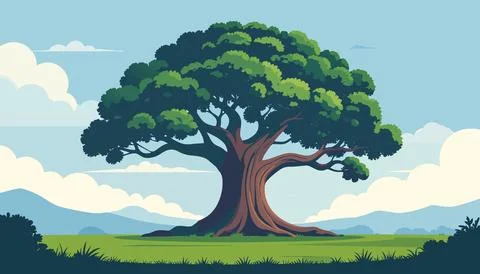 Single big tree with lush foliage growing on grassy land under clear sky wi.. Stock Illustration