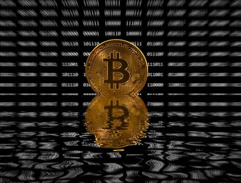 Single bitcoin coin on black digital background Stock Illustration