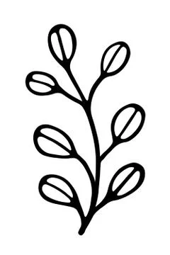 Single black and white branch with leaves Stock Illustration
