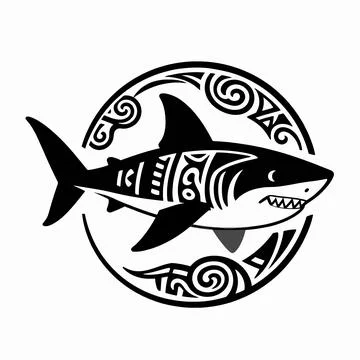 Single black flat vector illustration of a stylized shark with intricate Po.. 库存插图