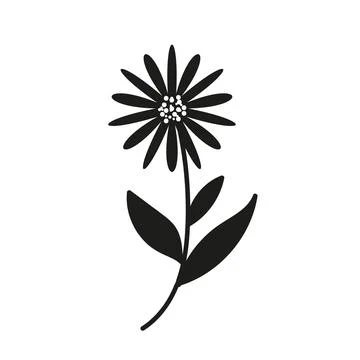 Single black flower with stem and leaves Stock Illustration