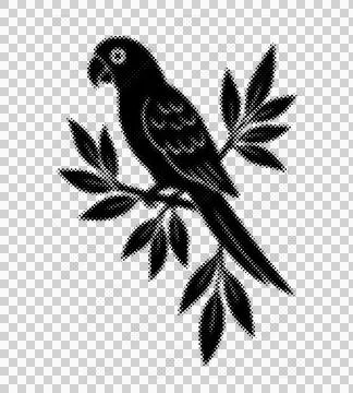 A single black parrot perched elegantly on a branch with green leaves depic.. Ilustración de archivo