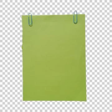 A single blank green paper sheet attached with two metal paperclips on tran.. Фото