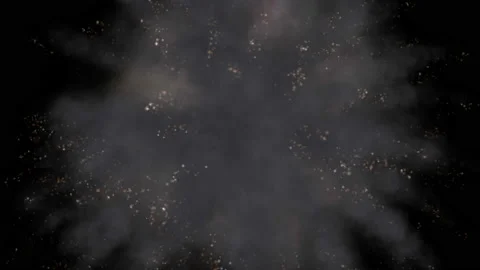 Single blast. Particles fly away. Realistic smoke. Black background. Stockbeeldmateriaal 109540025