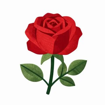 Single blooming red rose with green leaves, flat vector illustration, embro.. Stock Illustration