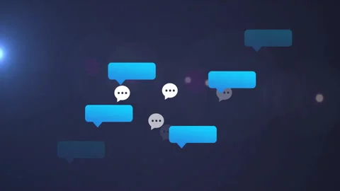Single blue chat bubble emerging center, chat bubbles clustering fading Stock Footage 313307162