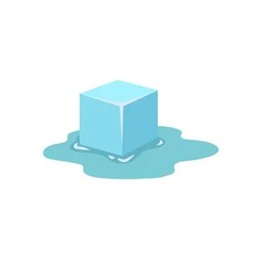 Single blue ice cube melting into a puddle on white background Stock Illustration