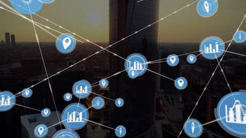 Single blue icon appearing network nodes expanding and linking over glass tower Stock Footage 330331470
