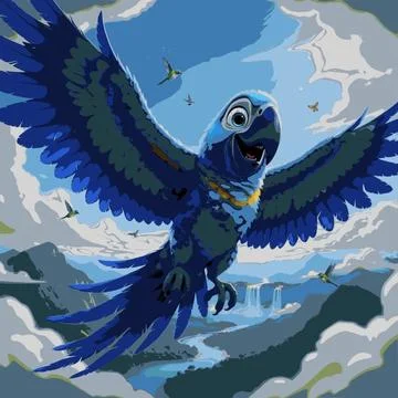 Single blue macaw flying high above tropical mountains Stock Illustration