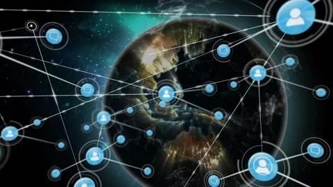 Single blue node appearing near planet limb, starting nodes forming and linking Video stock 330602935