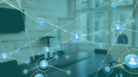 Single blue node appearing spawning nodes and lines network growing across table Stock Footage 333368034