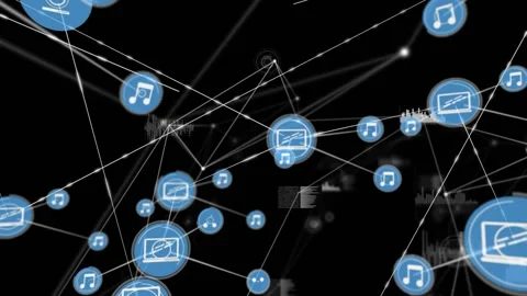 Single blue node starting network expanding, icons linking and joining, view Video stock 328584656