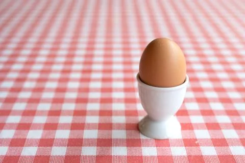 Single boiled egg in egg cup on table Stock Photos