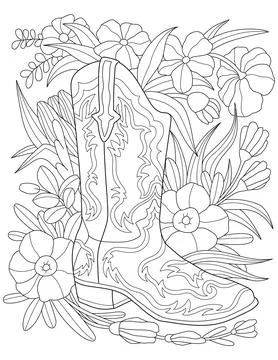 Single Boot Placed On A Flowery Background Colorless Line Drawing. One Shoe Stock Illustration