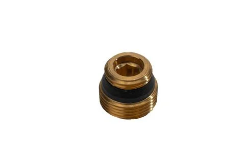Single brass threaded plumbing adapter isolated Stock Photos