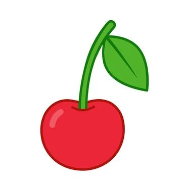 Single bright red cartoon cherry illustration featuring a long green stem a.. Illustrazione stock