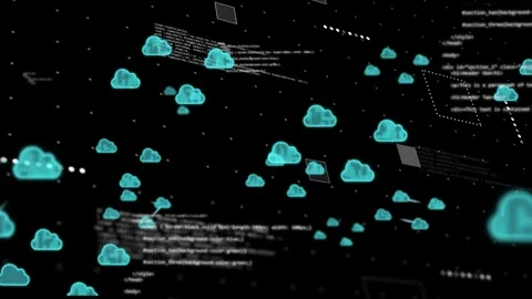 Single bright square appearing, cyan cloud icons emerging and connecting, Stock Footage 334729111