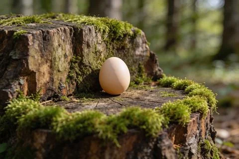 Single brown egg rests on a moss-covered tree stump in a sunlit forest Stock Photos