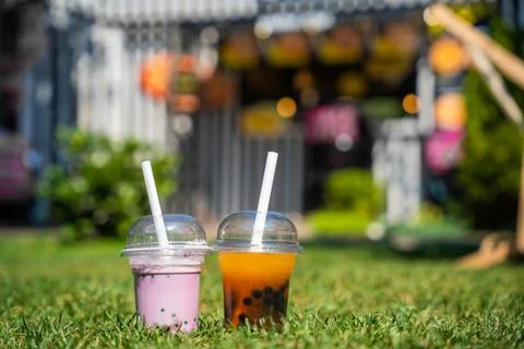 Single Bubble Tea Cup on Green Grass Stock Photos