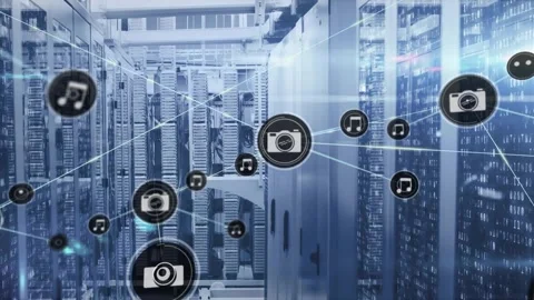 Single camera icon appearing, media icons spreading and connecting, showing data 스톡 동영상 322119379