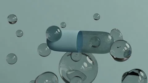 Single Capsule Floating Among Transparent Bubbles on soft Background Illustrazione stock