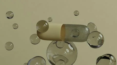 Single Capsule Floating Among Transparent Bubbles on soft Background Stock Illustration