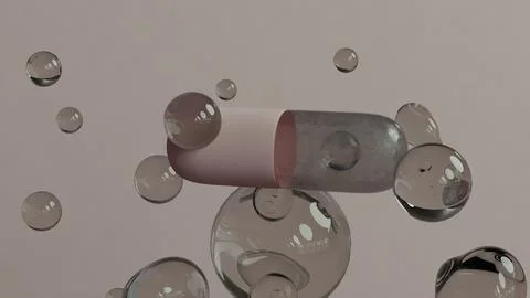 Single Capsule Floating Among Transparent Bubbles on soft Background Stock Illustration
