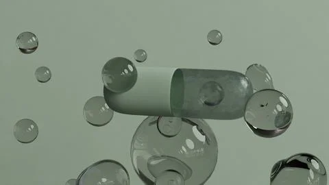 Single Capsule Floating Among Transparent Bubbles on soft Background Stock Illustration