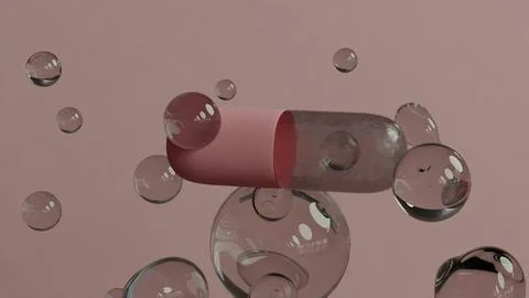 Single Capsule Floating Among Transparent Bubbles on soft Background Stock Illustration