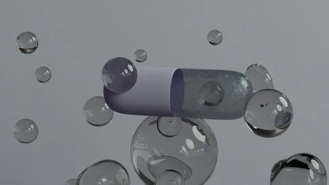 Single Capsule Floating Among Transparent Bubbles on soft Background Illustrazione stock