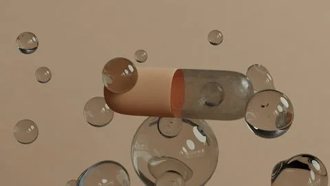Single Capsule Floating Among Transparent Bubbles on soft Background Stock Illustration