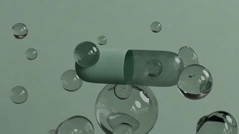 Single Capsule Floating Among Transparent Bubbles on soft Background Stock Illustration