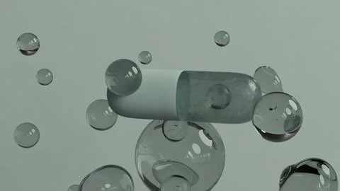 Single Capsule Floating Among Transparent Bubbles on soft Background Stock Illustration