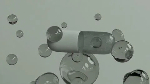 Single Capsule Floating Among Transparent Bubbles on soft Background Stock Illustration