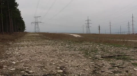 Single car passes by high-voltage lines and forest on rural road in the prairie Stock Footage 44472648