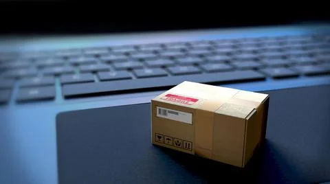 Single cardboard parcels box lying on a notebook - 3d illustration Illustrazione stock