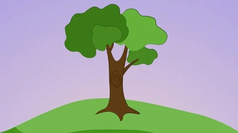 Single cartoon tree on a green hill. Purple sky shifts at sunrise. Stock Footage 324084745