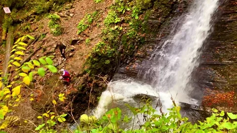 Single-cascade waterfall Zhenetsky Huk in the Ukrainian Carpathians Stock Footage 260653495